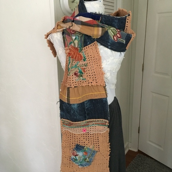 Handmade Boho Denim Patchwork Knit Scarf - Picture 2 of 8
